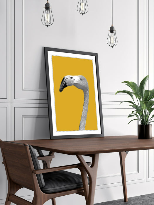 Framed Flamingo Wall Art – Black White Poster With Yellow Mustard Decor | Handmade Artwork