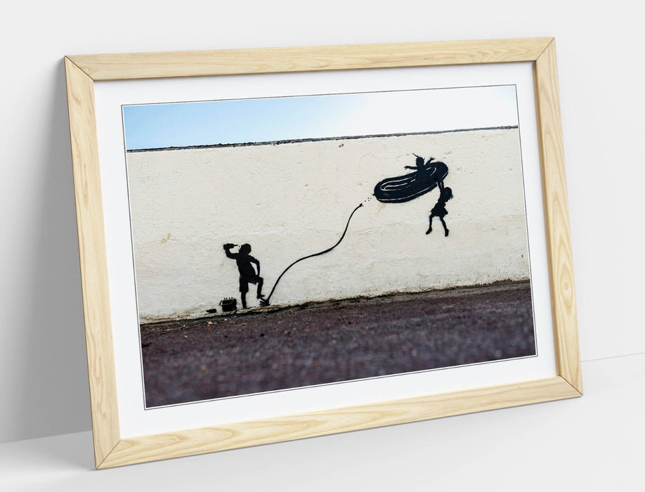 Banksy Dinghy Graffiti Art - Framed Wall Art Poster Print With Woodgrain Frame