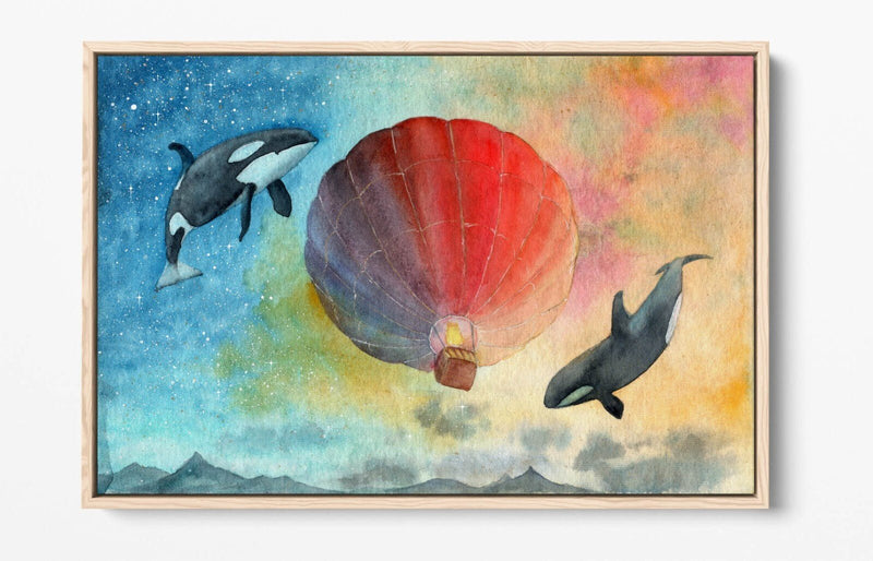 Canvas Wall Art Print - Watercolour Air Balloon & Whales Float Effect Decor