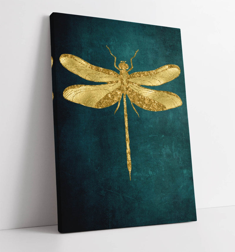 Canvas Wall Art - Gold Dragonfly Teal Wall Decor | Handmade Ready To Hang Print