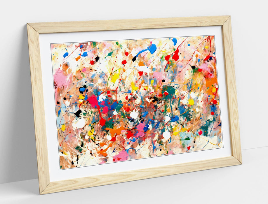 Framed Wall Art - Colorful Pollock Style Abstract Poster Print With Woodgrain Frame