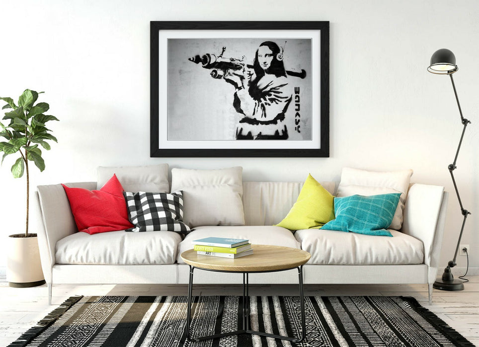 MONA LISA BAZOOKA -FRAMED POSTER WALL ART PRINT ARTWORK- BLACK & WHITE