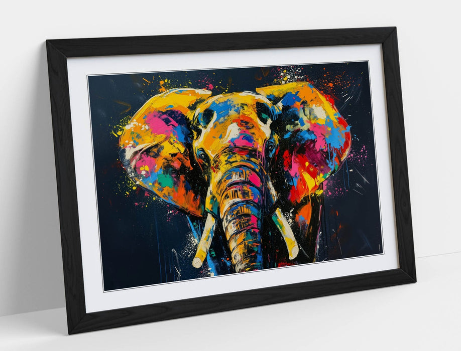 Framed Wall Art - Multi Colour Abstract Elephant Print With Wood Grain Frame