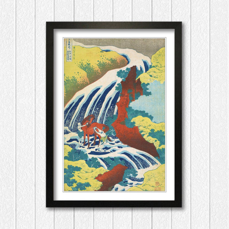 Framed Art Poster – Hokusai Japanese Waterfall Print with MDF Woodgrain Frame