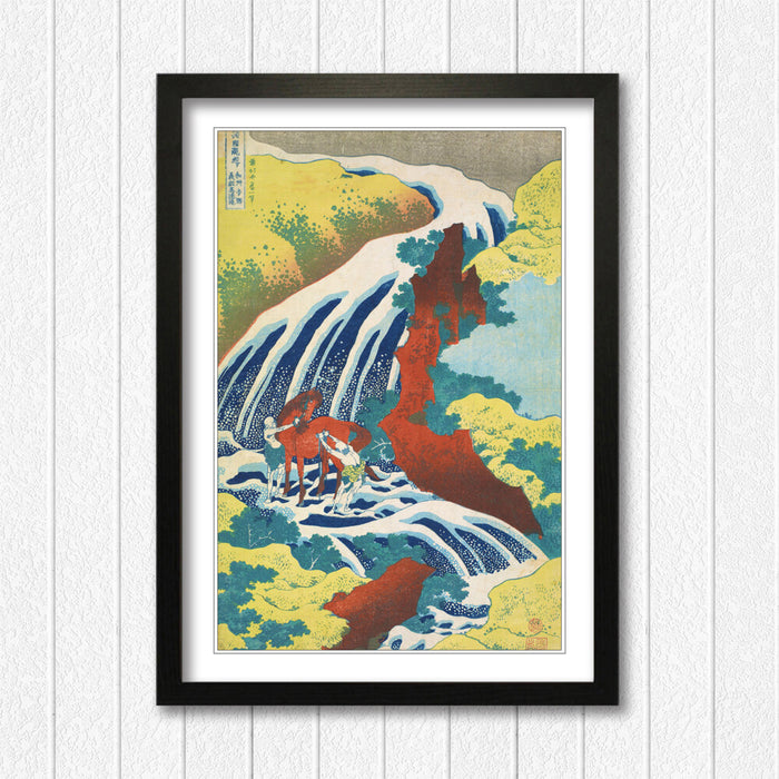 Framed Art Poster – Hokusai Japanese Waterfall Print with MDF Woodgrain Frame