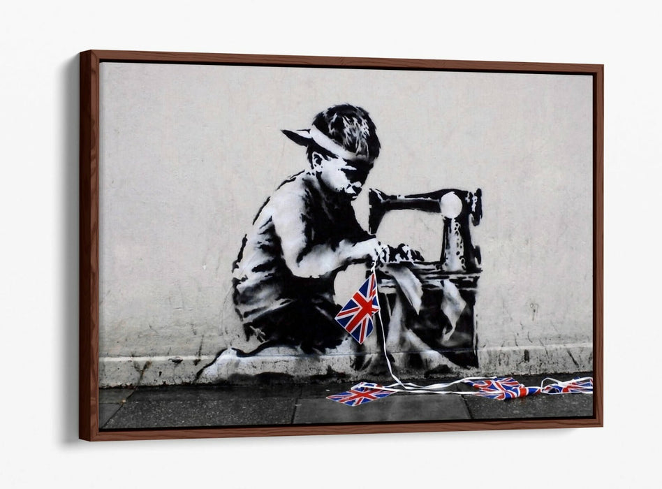 BANKSY SLAVE LABOUR -FLOAT EFFECT CANVAS WALL ART PIC PRINT- BLACK & WHITE