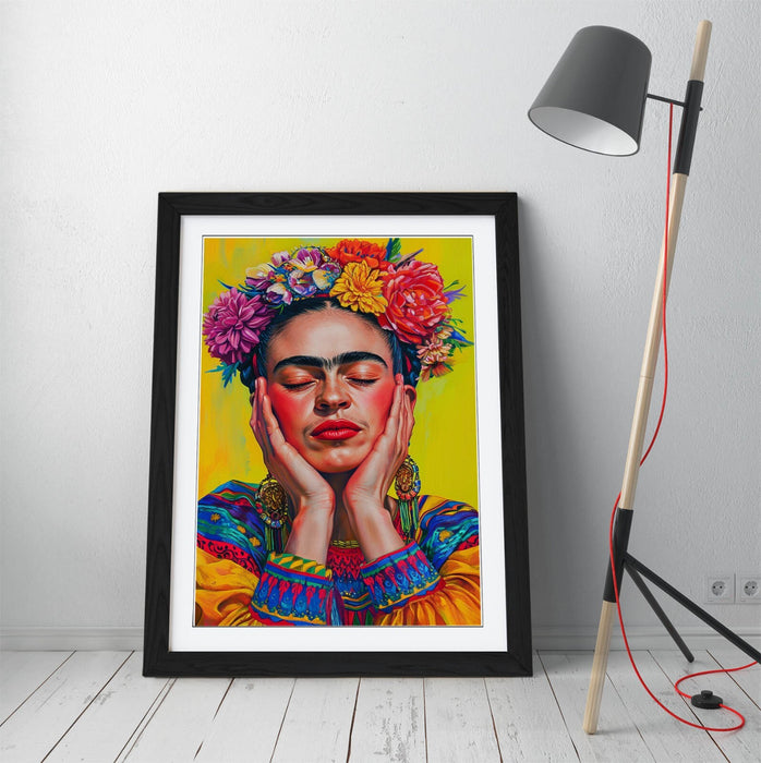 Frida Kahlo Wall Art – Colourful Portrait Print With Natural Wood Frame