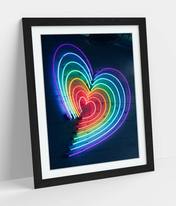 Framed Poster Art - Rainbow Heart Neon Wall Art Prints | MDF Wood Frame Ready To Hang