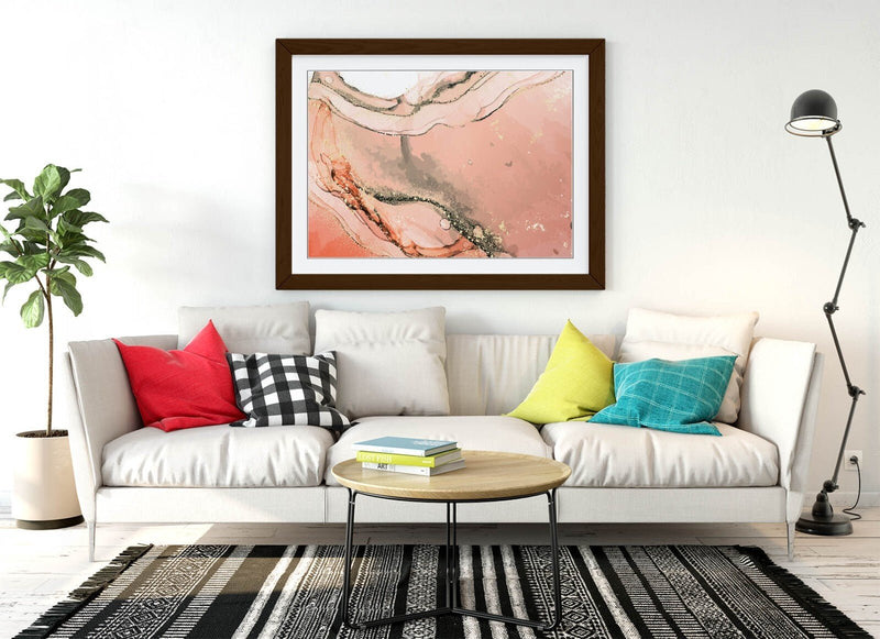 Framed Wall Art - Abstract Marble Print Pink Background With Woodgrain Frame