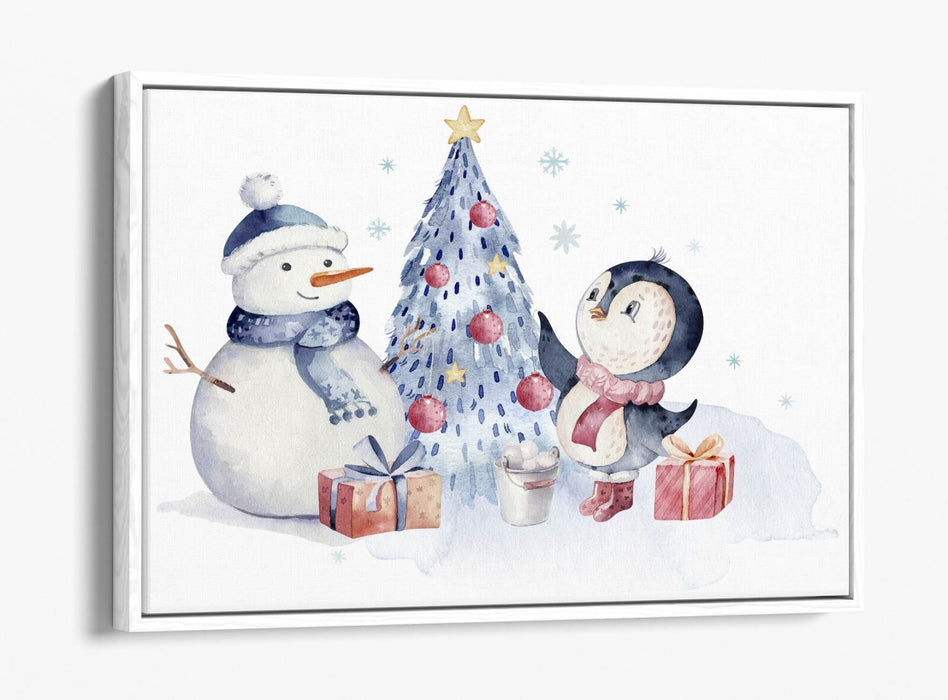 Christmas Canvas Wall Art – Watercolour Penguin & Snowman Float Effect Print
