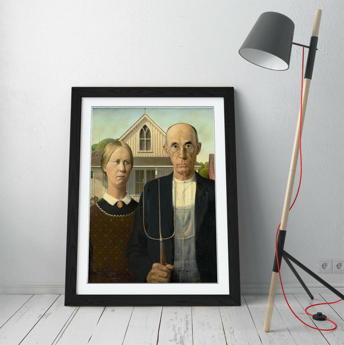 American Gothic Art Print – Handmade Framed Art Poster With Wood Grain Frame