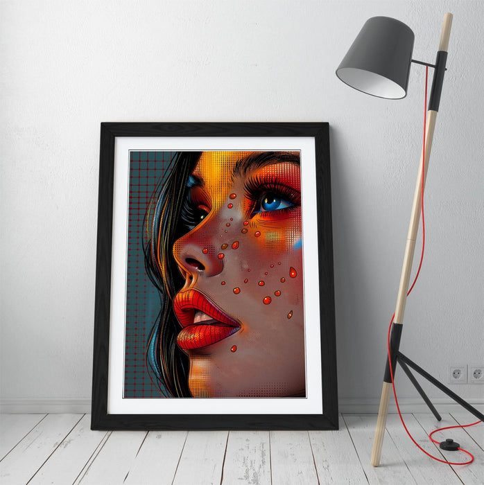 Pop Comic Wall Art - Framed Portrait Woman Pop Art Print With Woodgrain Frame Finish