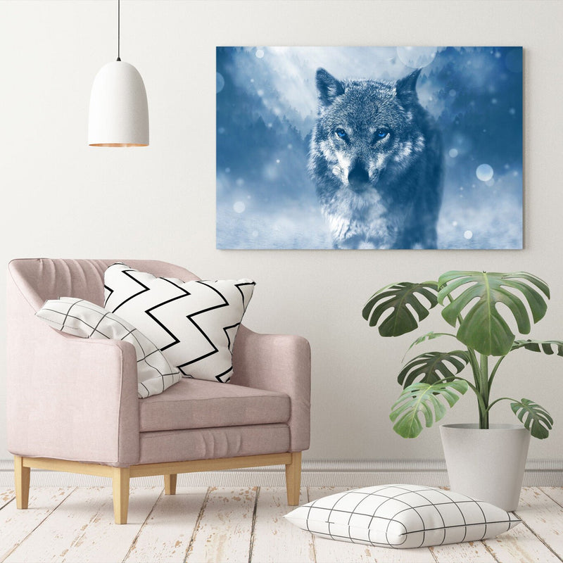 Canvas Wall Art - Lone Wolf Blue Loyalty Framed Canvas Print With Woodgrain Frame