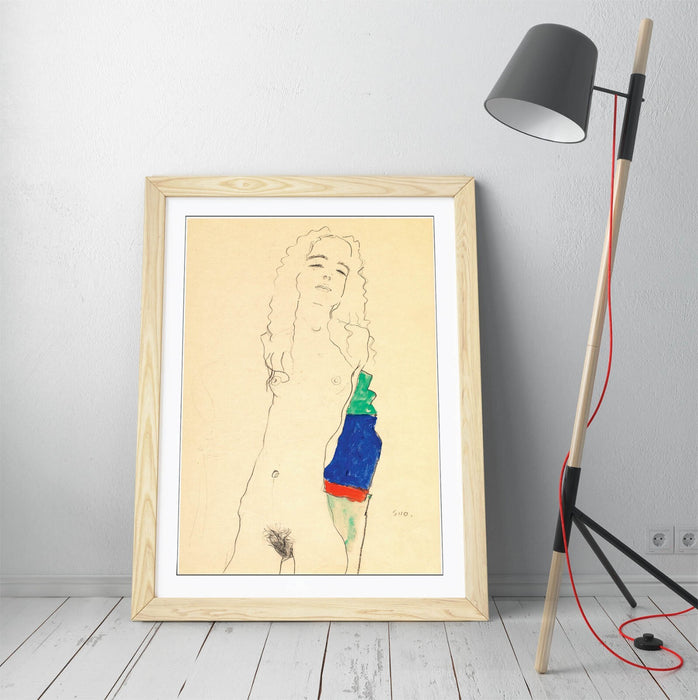 Framed Art Poster - Egon Schiele Female Nude Artwork | Handmade Woodgrain Frame