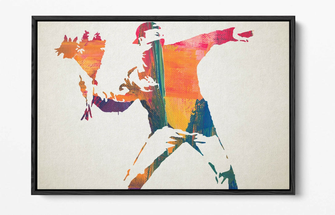 BANKSY, FLOWER THROWER RAINBOW PAINT -FLOAT EFFECT CANVAS WALL ART PRINT