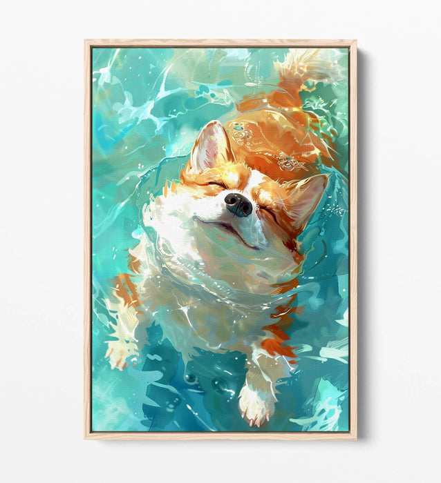 Corgi Canvas Art – Cute Smiling Dog Wall Decor with Water Float Effect Frame