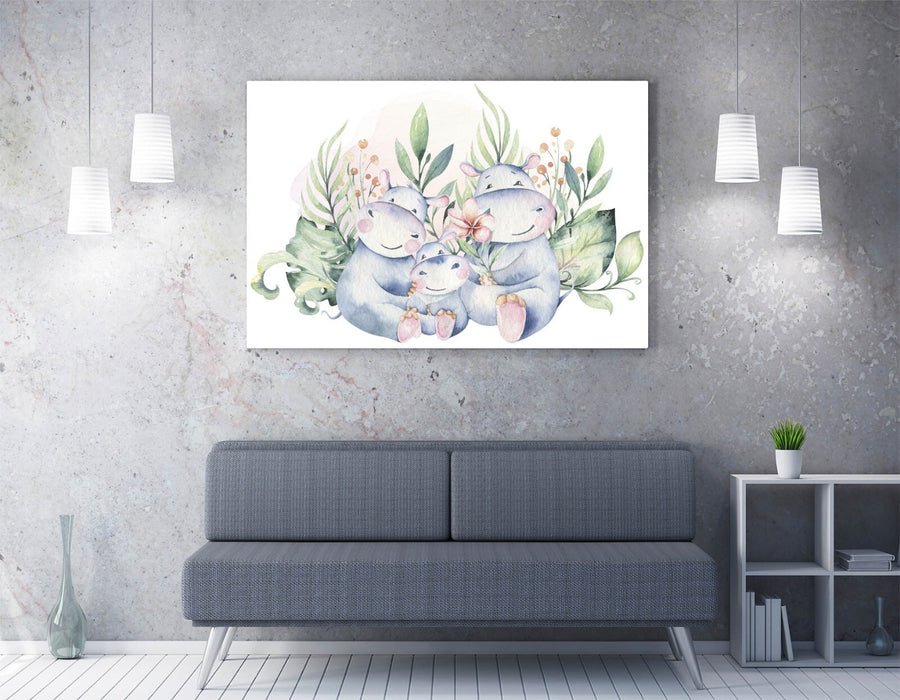 Watercolour Hippo Canvas - Cute Family Home Decor | Handmade Wall Art Print
