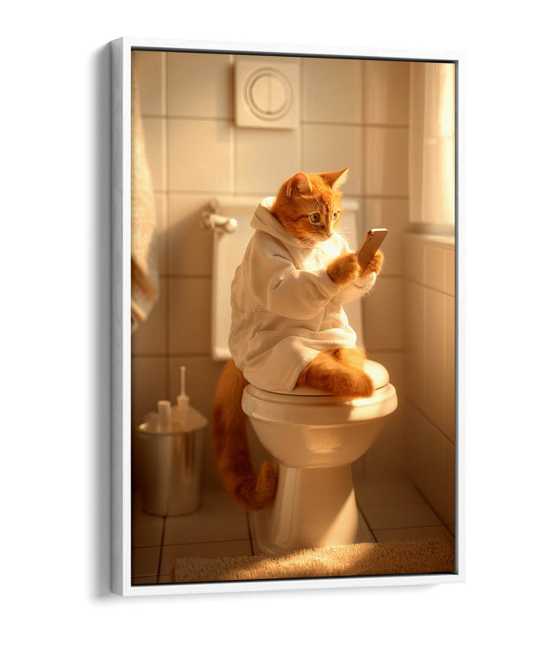 Funny Bathroom Canvas - Cat Wearing Robe Toilet Humor Artwork | Premium Float Effect Print