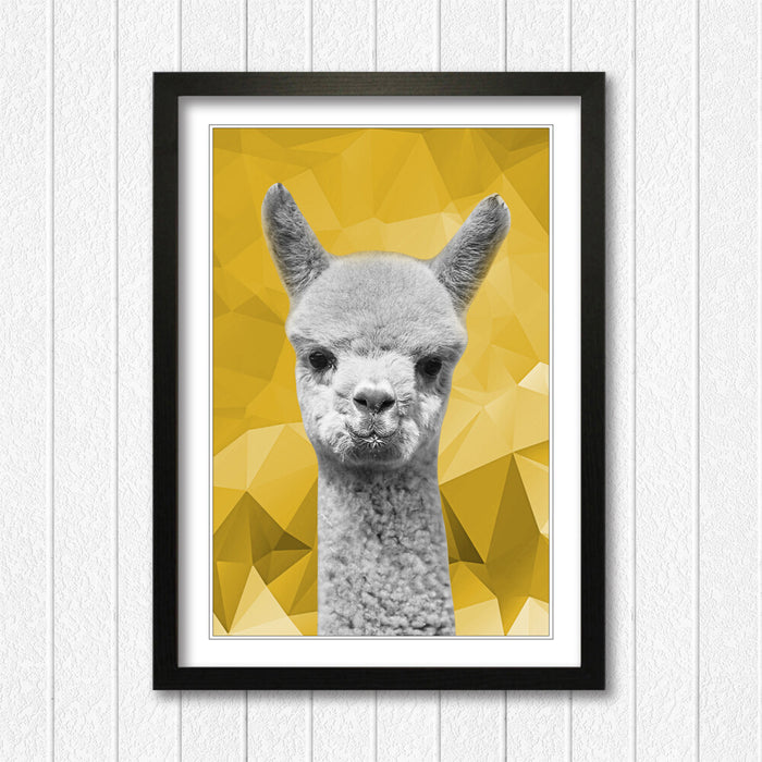 Framed Poster Wall Art – Alpaca Black White Poster with Mustard Yellow Print