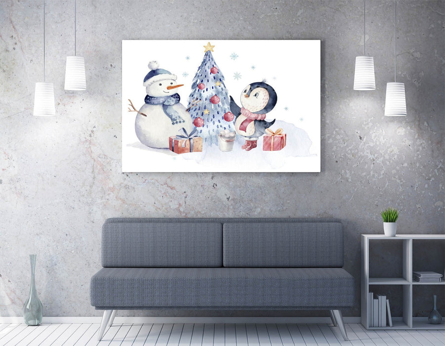 Christmas Canvas Art - Handmade UK Penguin Snowman Painting | Festive Wall Decor
