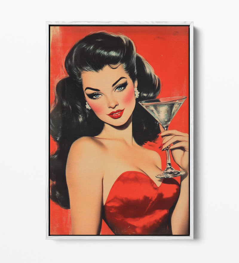 Canvas Wall Art – Glamorous Woman Red Martini Float Effect on Premium Frame