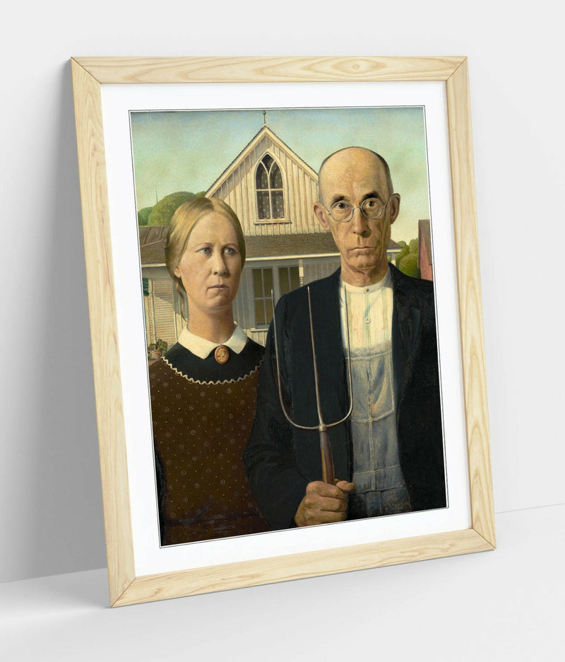 American Gothic Art Print – Handmade Framed Art Poster With Wood Grain Frame