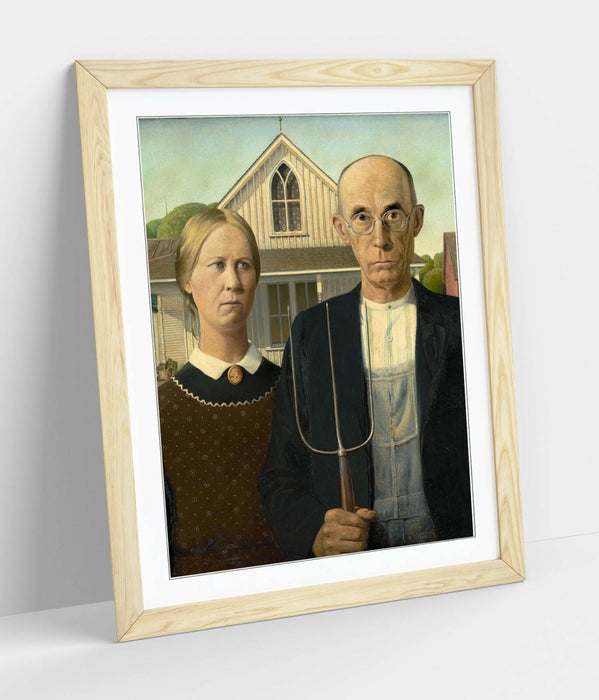 American Gothic Art Print – Handmade Framed Art Poster With Wood Grain Frame