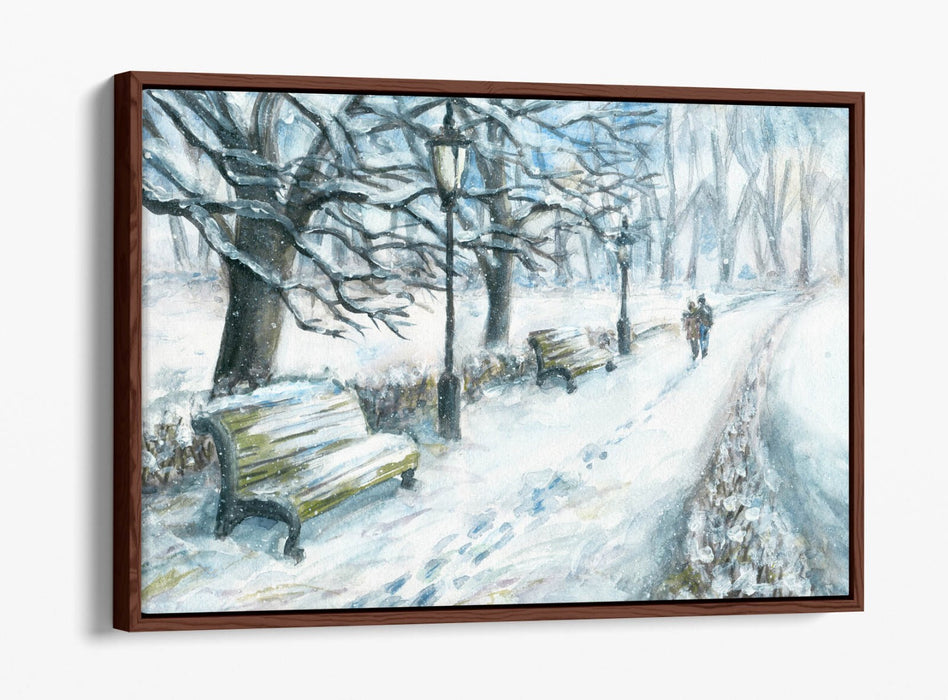 COUPLE WALKING IN SNOWY PARK WINTER FLOAT EFFECT CANVAS WALL ART PRINT