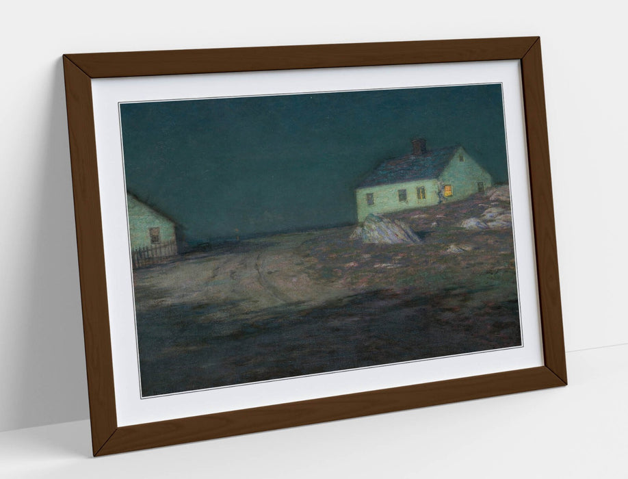 Framed Art Poster – Harbor Light Painting on Matte Paper Print with Natural Wood Frame