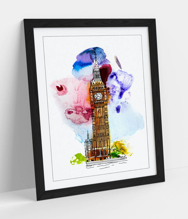 Big Ben Wall Art – London Framed Poster With Watercolour Wall Decor Print
