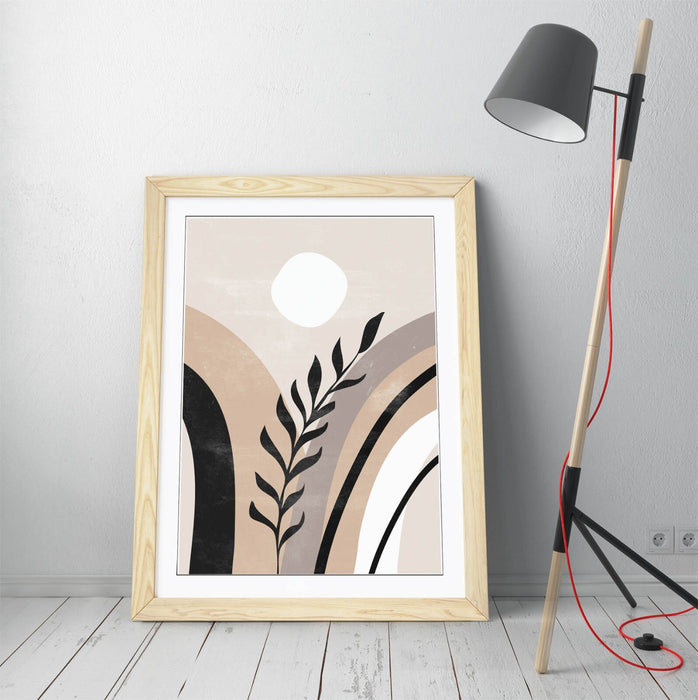 Boho Framed Wall Art – Abstract Home Art with Natural Wood Frame, Ready to Hang