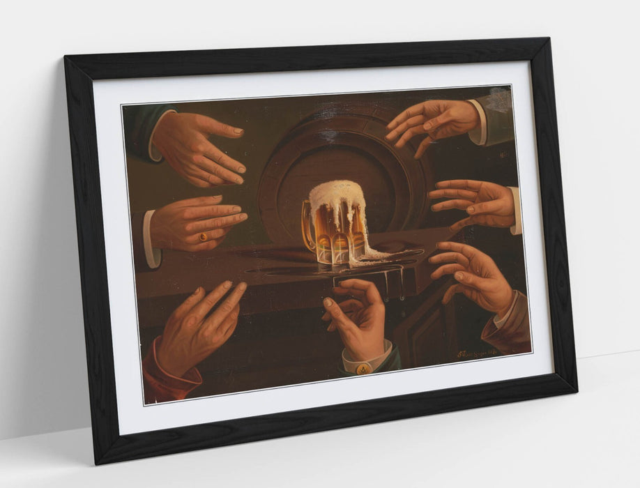 Framed Wall Art Poster - Men Reaching for Beer Mug | Home Bar Decor Print
