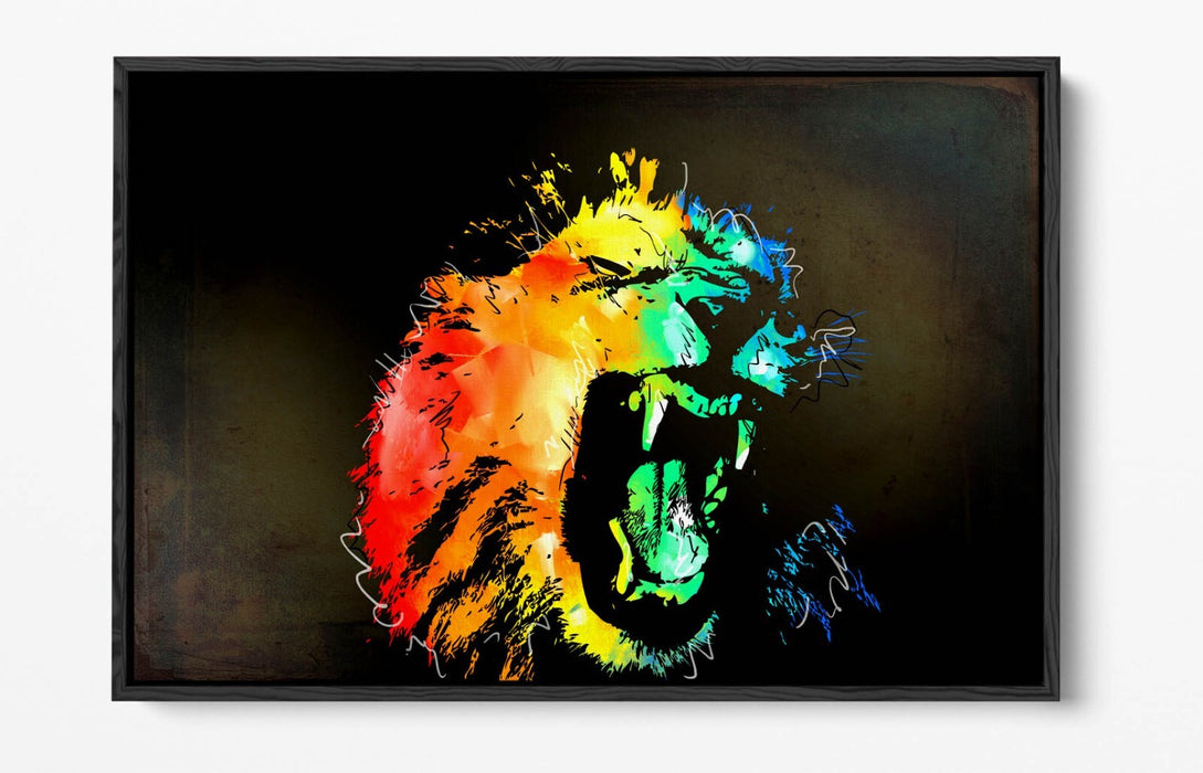 MULTI COLOUR LION SKETCH BLACK BACKGROUND -FLOAT EFFECT CANVAS WALL ART PRINT