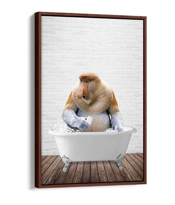 PROBISCUS MONKEY IN BATH -QUIRKY BATHROOM FLOAT EFFECT CANVAS WALL ART PRINT