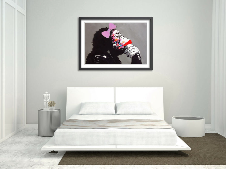 Banksy Framed Poster – Female DJ Monkey Artwork | Urban Wall Art Print