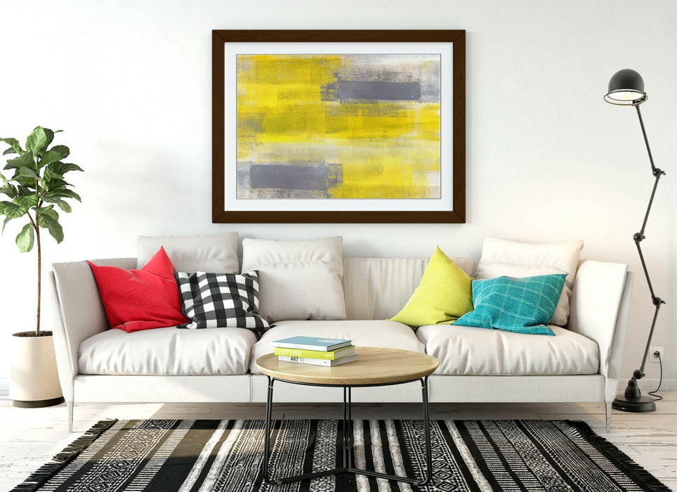 Framed Abstract Painting – Modern Wall Print With Yellow Grey Artwork & Natural Wood Frame