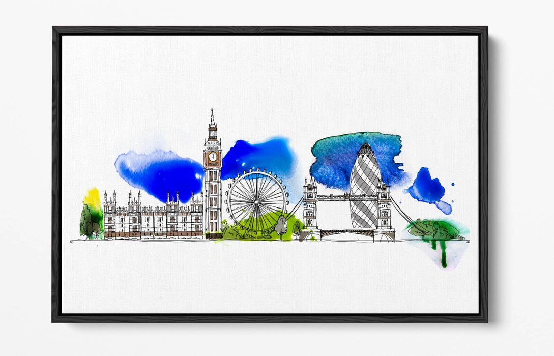 Canvas Wall Art – London Cityscape Watercolour Float Effect on MDF Frame