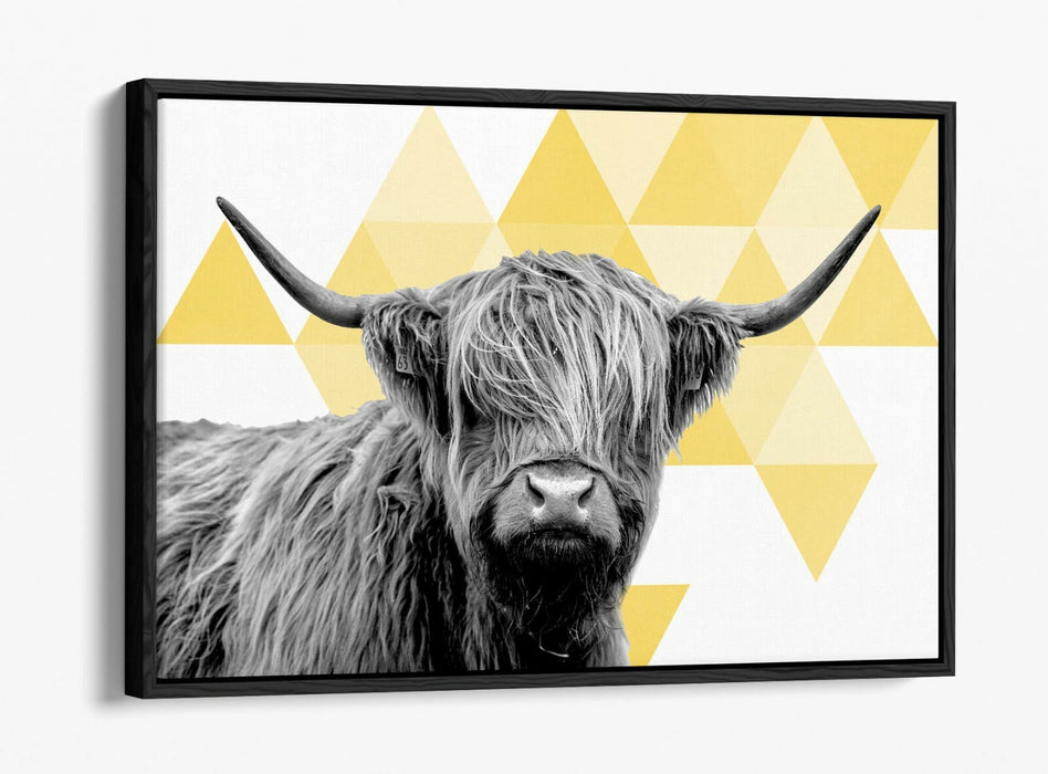 HIGHLAND COW YELLOW SPARSE GEOMETRIC -FLOAT EFFECT CANVAS WALL ART PIC PRINT