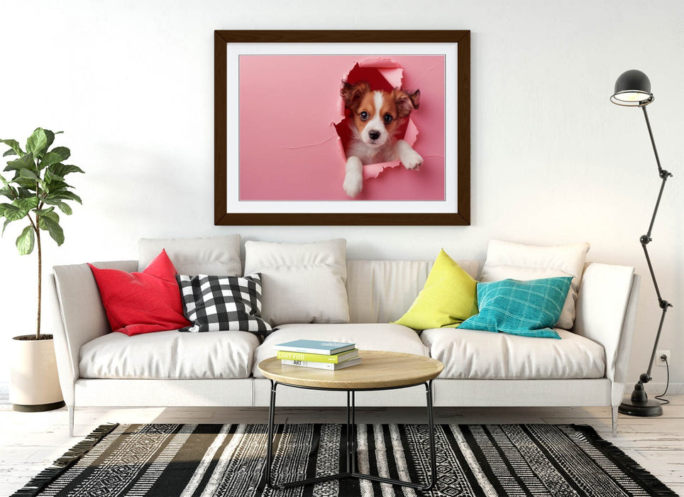 Puppy Wall Art – Framed Cute Puppy Poster With Pink Wall Decor, Ready To Hang