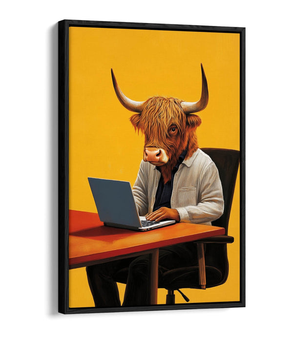 Canvas Wall Art - Anthropomorphic Highland Cow With Laptop | Float Effect, Handmade UK