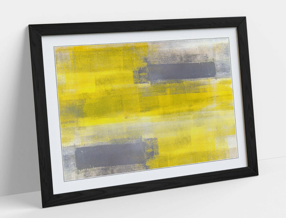 Framed Abstract Painting – Modern Wall Print With Yellow Grey Artwork & Natural Wood Frame