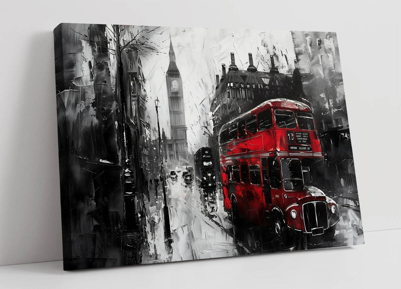 Cityscape Canvas Art - Black and White Urban City Wall Print with Red Bus