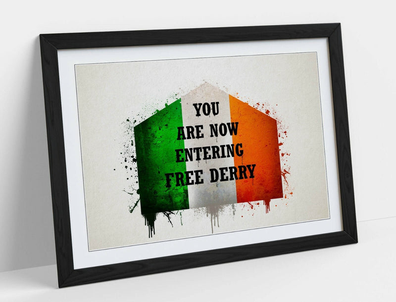 Framed Wall Art - Derry Wall Decor With Irish Flag Print & Woodgrain Frame Finish
