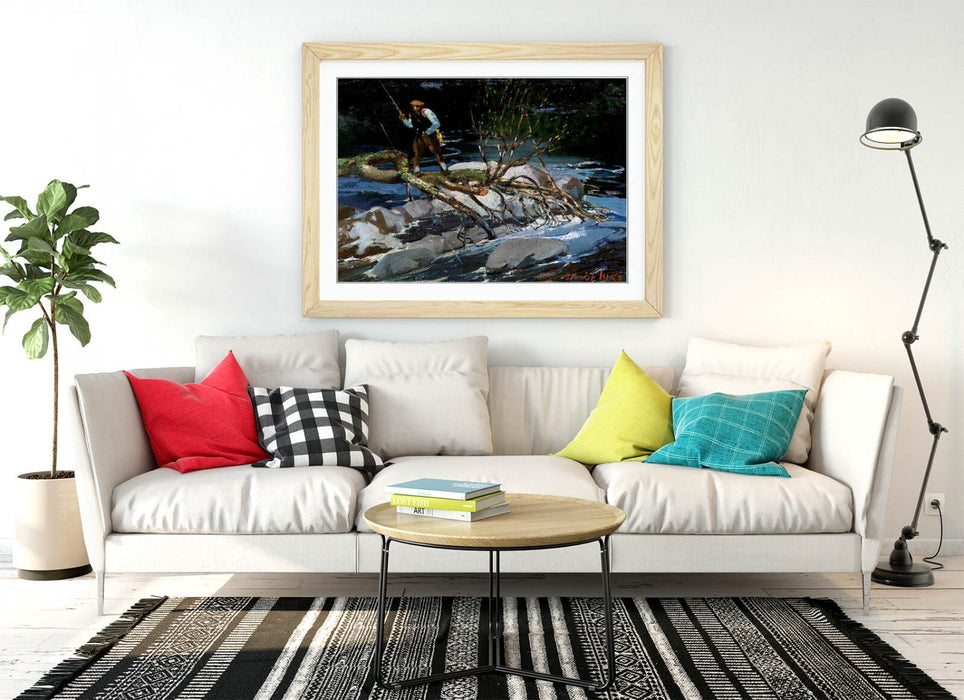 Framed Wall Art Poster - George Benjamin Luks Trout Fishing Print With Woodgrain Frame