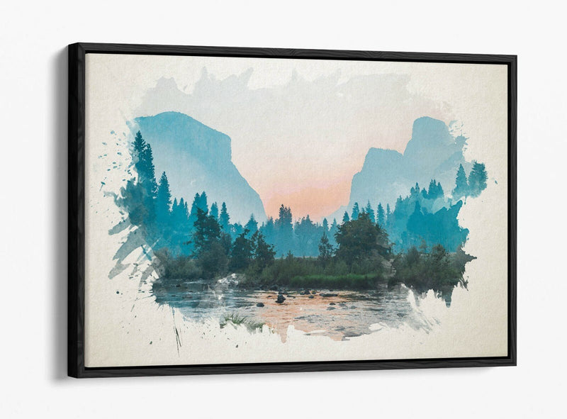 Mountain Landscape Canvas | Watercolour Art Print - Float Effect Frame, Ready To Hang