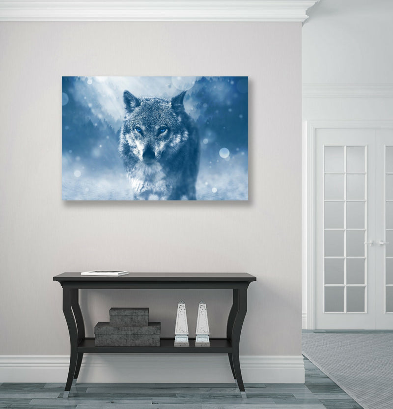 Canvas Wall Art - Lone Wolf Blue Loyalty Framed Canvas Print With Woodgrain Frame