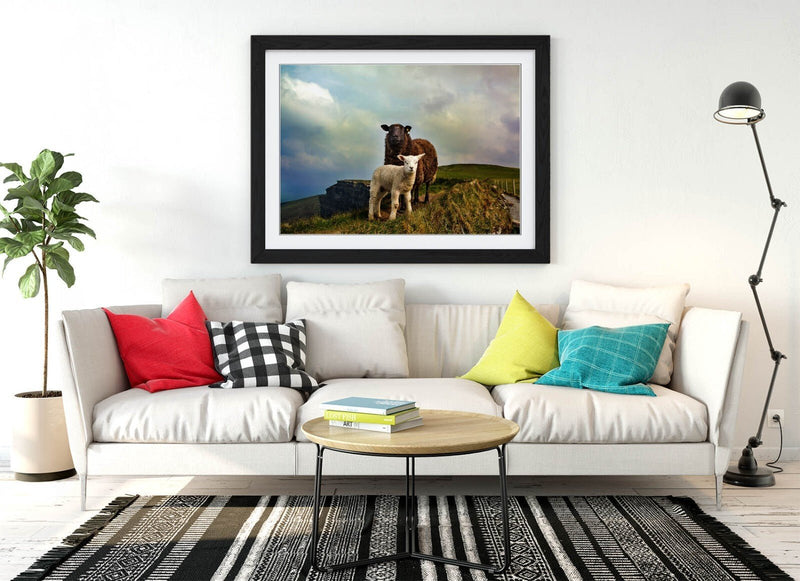 Irish Sheep Wall Art – Framed Mountain Landscape Print With Woodgrain Frame