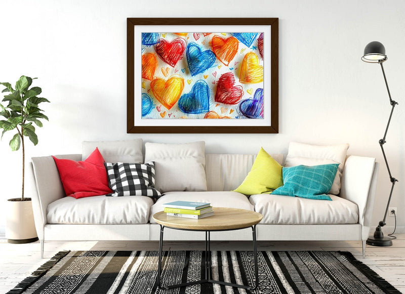 Framed Wall Art Poster – Multi Colour Hearts Print On White Background | Bedroom Decor