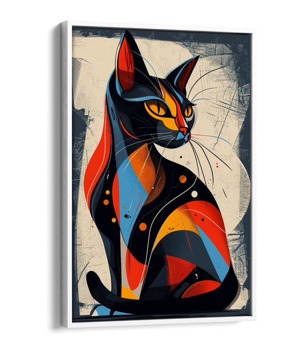 Float Effect Canvas Art - Blue Red Abstract Cat Print | Premium Varnish Finish