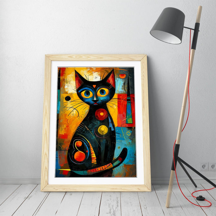Black Cat Wall Art - Framed Abstract Home Decor Poster Print | UK Handmade